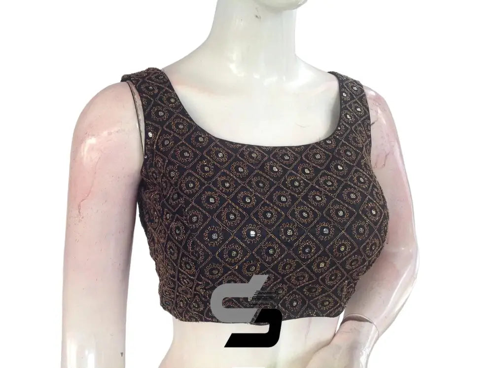 Black Color Designer Sequins Embroidery Sleeveless Readymade Saree Blouse With Tassels - D3blouses