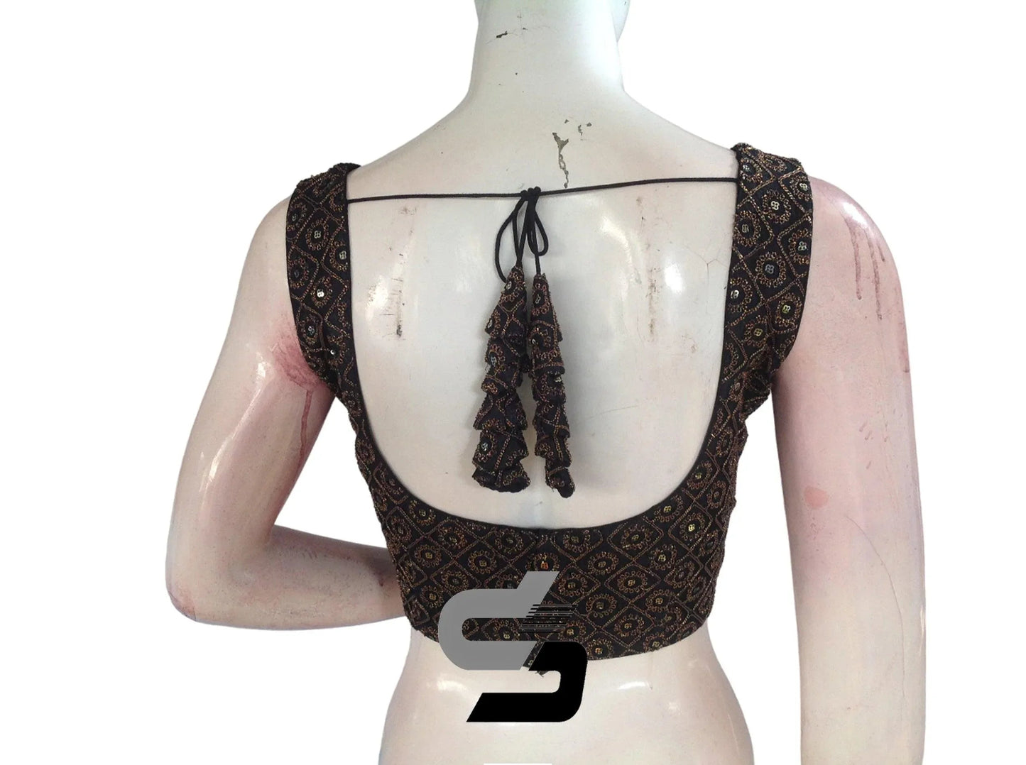 Black Color Designer Sequins Embroidery Sleeveless Readymade Saree Blouse With Tassels - D3blouses