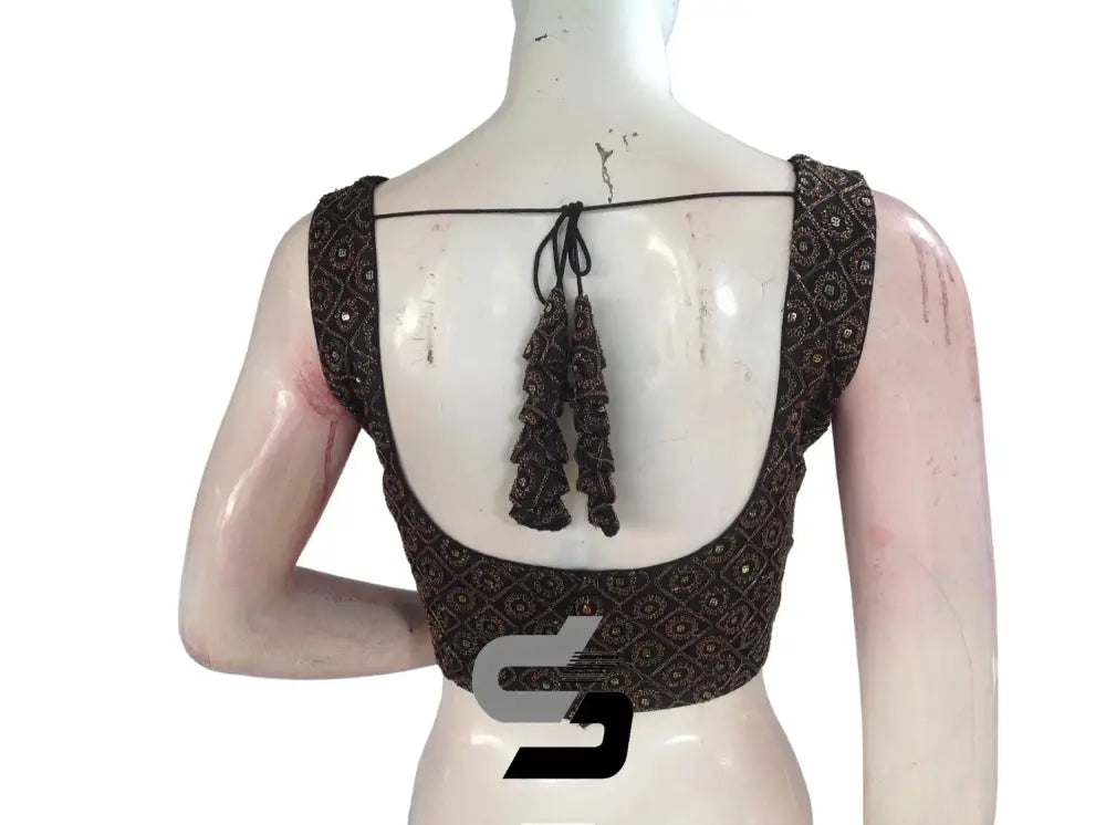 Black Color Designer Sequins Embroidery Sleeveless Readymade Saree Blouse With Tassels - D3blouses
