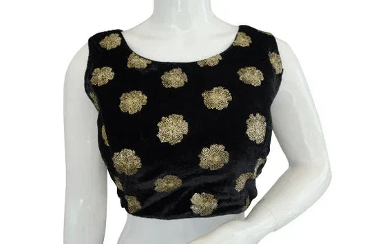 Black Color Designer Velvet Sequin Designer Readymade Saree Blouse - D3blouses