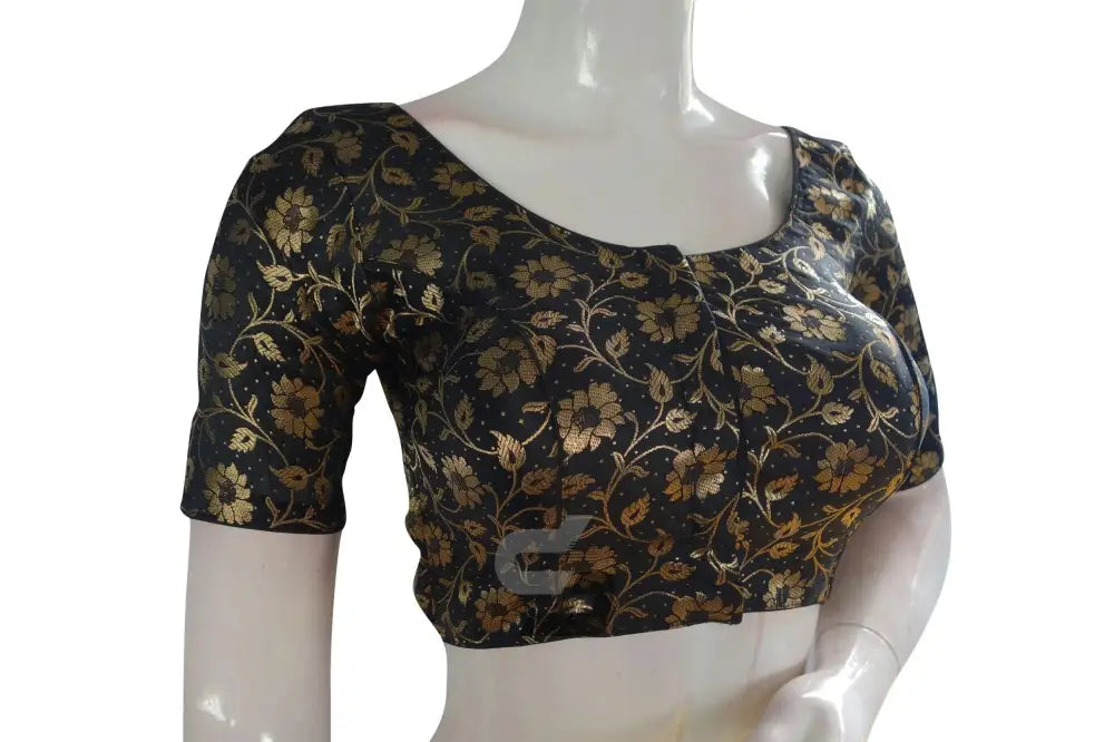 Black Color Premium Banaras Brocade Silk Readymade Saree Blouse - D3blouses