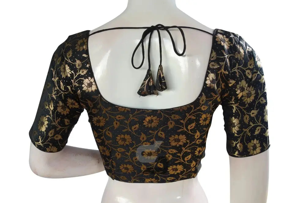 Black Color Premium Banaras Brocade Silk Readymade Saree Blouse - D3blouses