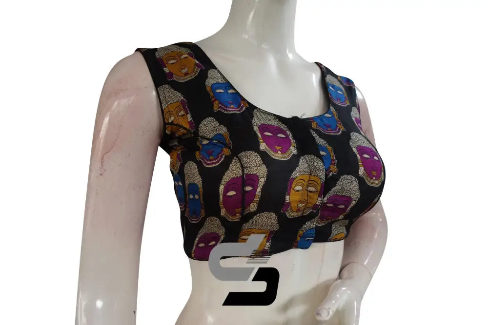 Black Color Printed silk Sleeveless Readymade saree blouse - D3blouses