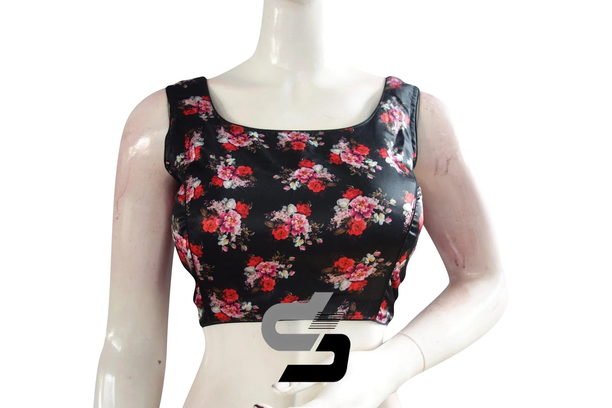 Black Color Satin Printed Designer Sleeveless Readymade Saree Blouse With Tassels - D3blouses