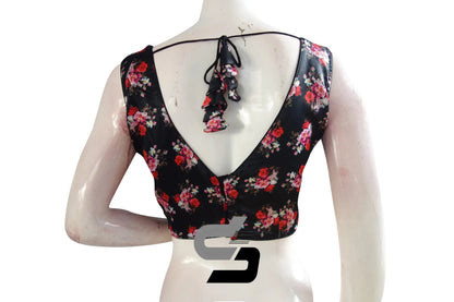 Black Color Satin Printed Designer Sleeveless Readymade Saree Blouse With Tassels - D3blouses