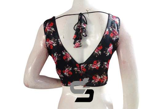 Black Color Satin Printed Designer Sleeveless Readymade Saree Blouse With Tassels - D3blouses