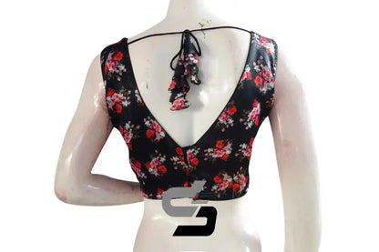 Black Color Satin Printed Designer Sleeveless Readymade Saree Blouse With Tassels - D3blouses