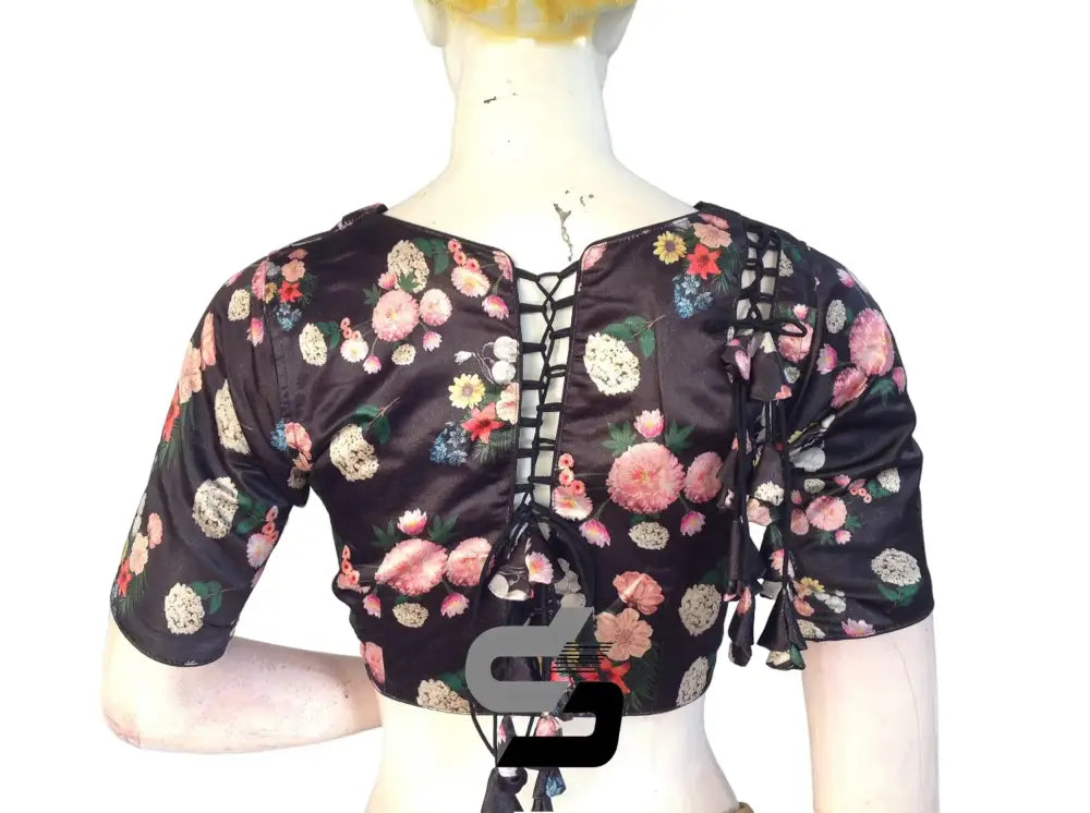 Black Color Satin Silk Peter Pan Collar Readymade Blouse With Matching Mask and Designer Tassels - D3blouses