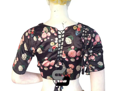Black Color Satin Silk Peter Pan Collar Readymade Blouse With Matching Mask and Designer Tassels - D3blouses
