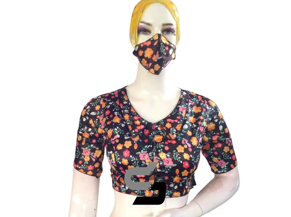 Black Color Satin Silk Peter Pan Collar Readymade Blouse With Matching Mask and Designer Tassels - D3blouses