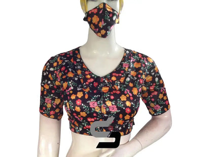 Black Color Satin Silk Peter Pan Collar Readymade Blouse With Matching Mask and Designer Tassels - D3blouses