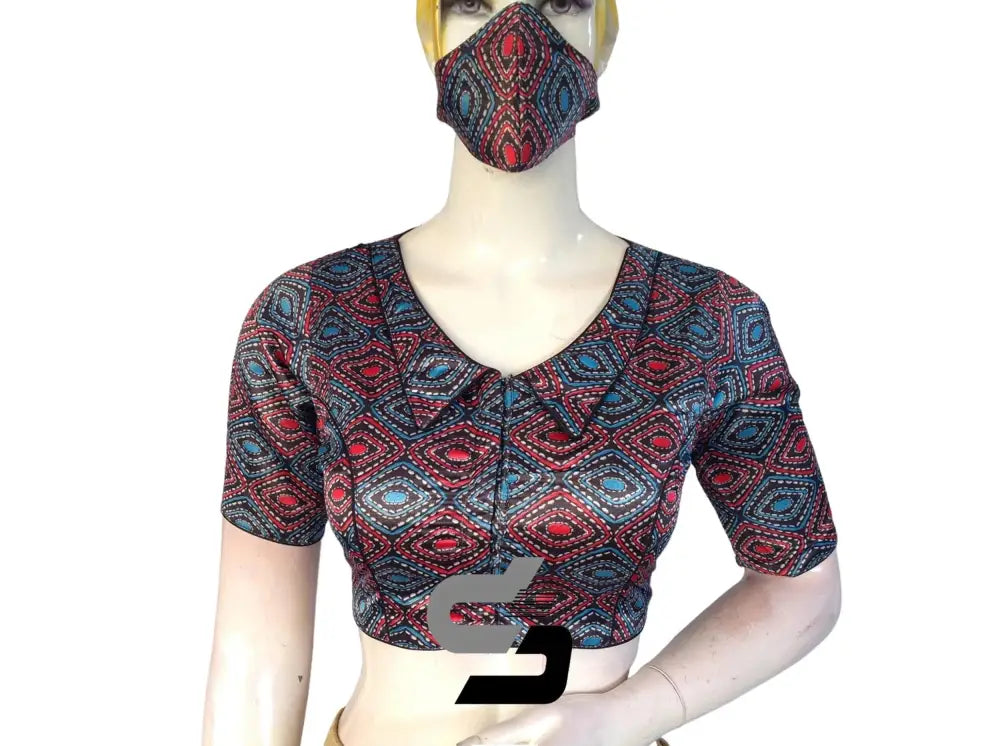 Black Color Satin Silk Peter Pan Collar Readymade Blouse With Matching Mask and Designer Tassels - D3blouses