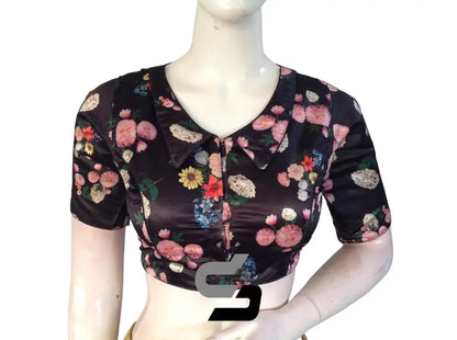 Black Color Satin Silk Peter Pan Collar Readymade Blouse With Matching Mask and Designer Tassels - D3blouses