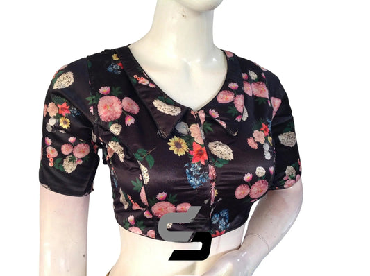 Black Color Satin Silk Peter Pan Collar Readymade Blouse With Matching Mask and Designer Tassels - D3blouses