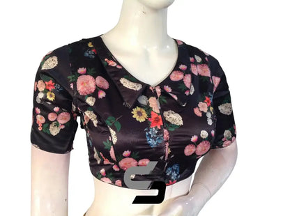 Black Color Satin Silk Peter Pan Collar Readymade Blouse With Matching Mask and Designer Tassels - D3blouses