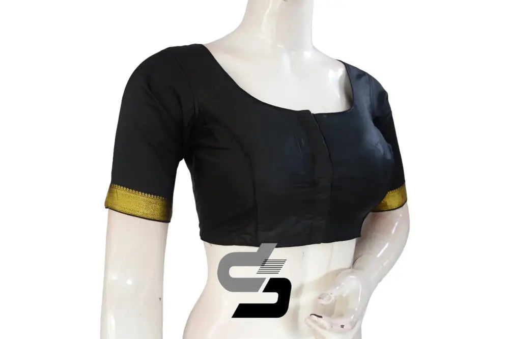 Black Color Semi Silk Readymade Saree Blouse With Border Sleeves - D3blouses