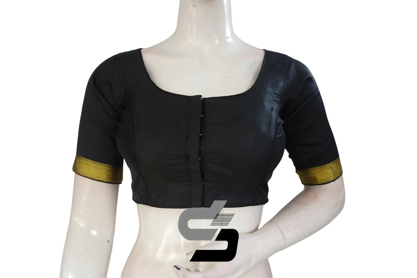 Black Color Semi Silk Readymade Saree Blouse With Border Sleeves - D3blouses