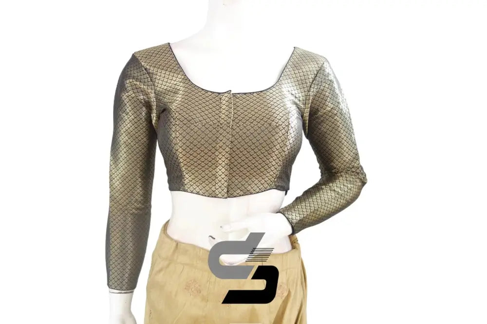 Black Full Sleeve Premium Brocade Readymade Saree Blouse, Indian Ethnic Wear Online - D3blouses