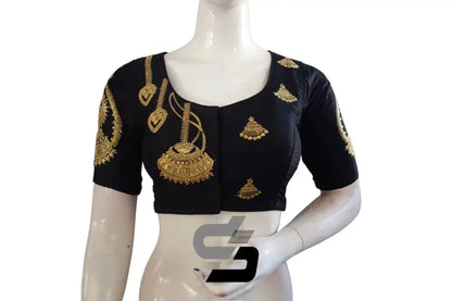 Black High Neck Designer Embroidered Saree Blouses: Revitalized with Vibrant Splash - D3blouses