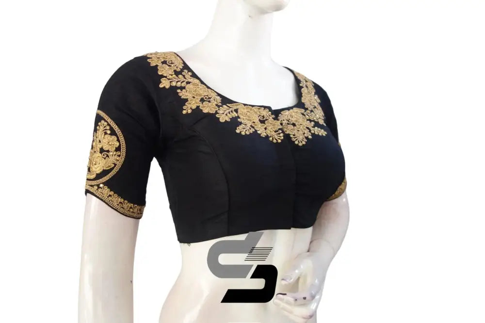 Black High Neck Designer Embroidered Saree Blouses: Vibrant Elevation - D3blouses
