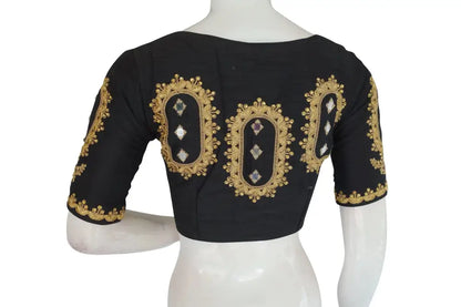 Black High Neck Embroidered Readymade Blouse: Mirror Detail, Indian Crop Top - D3blouses