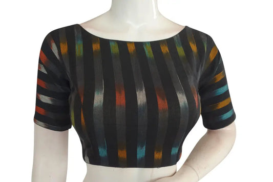 Black Ikkat Boat Neck Designer Readymade Saree Blouses, Elevate Your Casual Look - D3blouses