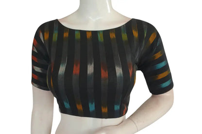 Black Ikkat Boat Neck Designer Readymade Saree Blouses, Elevate Your Casual Look - D3blouses