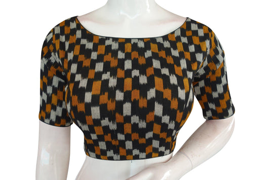 Black Ikkat Boat Neck Designer Saree Blouses: Timeless Elegance - D3blouses