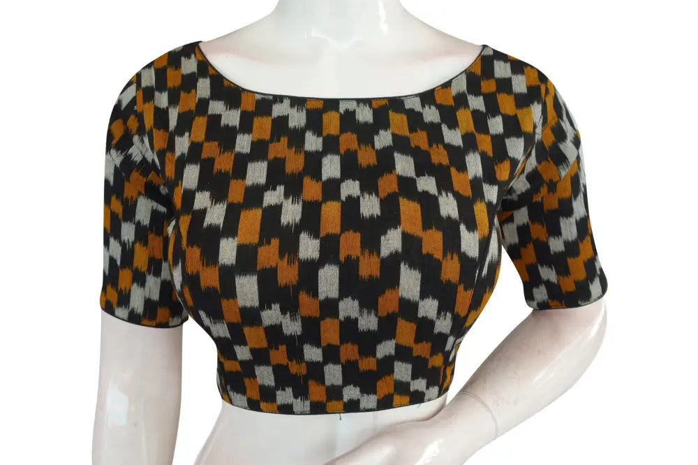 Black Ikkat Boat Neck Designer Saree Blouses: Timeless Elegance - D3blouses