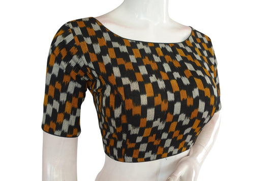 Black Ikkat Boat Neck Designer Saree Blouses: Timeless Elegance - D3blouses