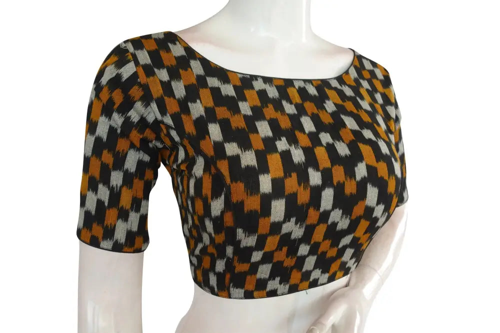 Black Ikkat Boat Neck Designer Saree Blouses: Timeless Elegance - D3blouses