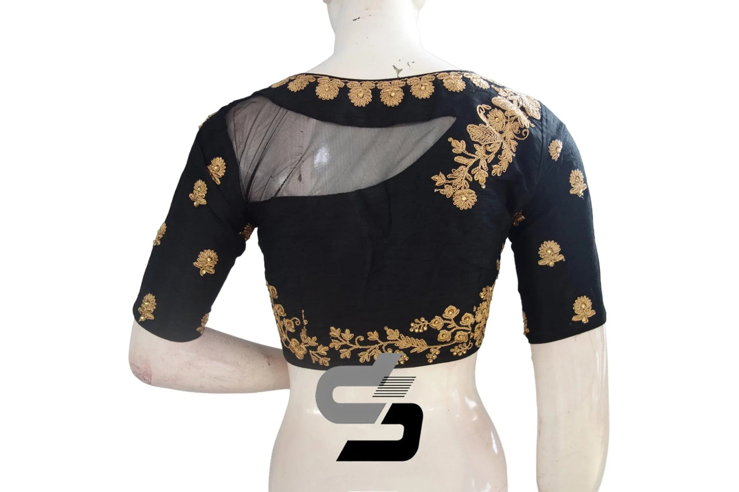 Black Semi Silk High Neck Embroidered Saree Blouse/Crop Top - D3blouses