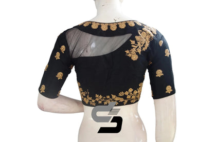 Black Semi Silk High Neck Embroidered Saree Blouse/Crop Top - D3blouses