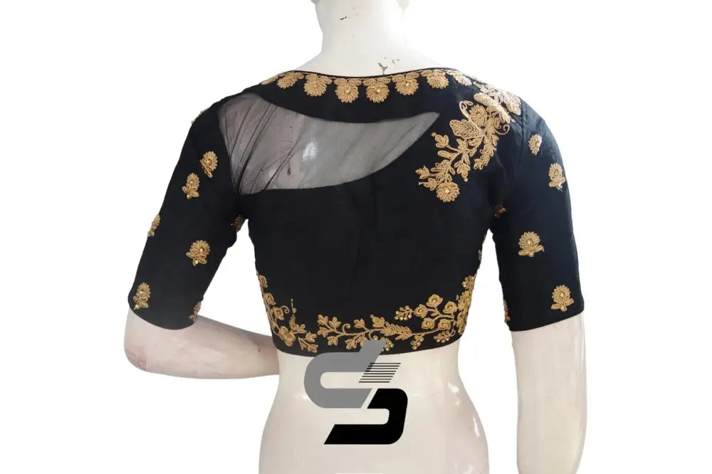 Black Semi Silk High Neck Embroidered Saree Blouse/Crop Top - D3blouses