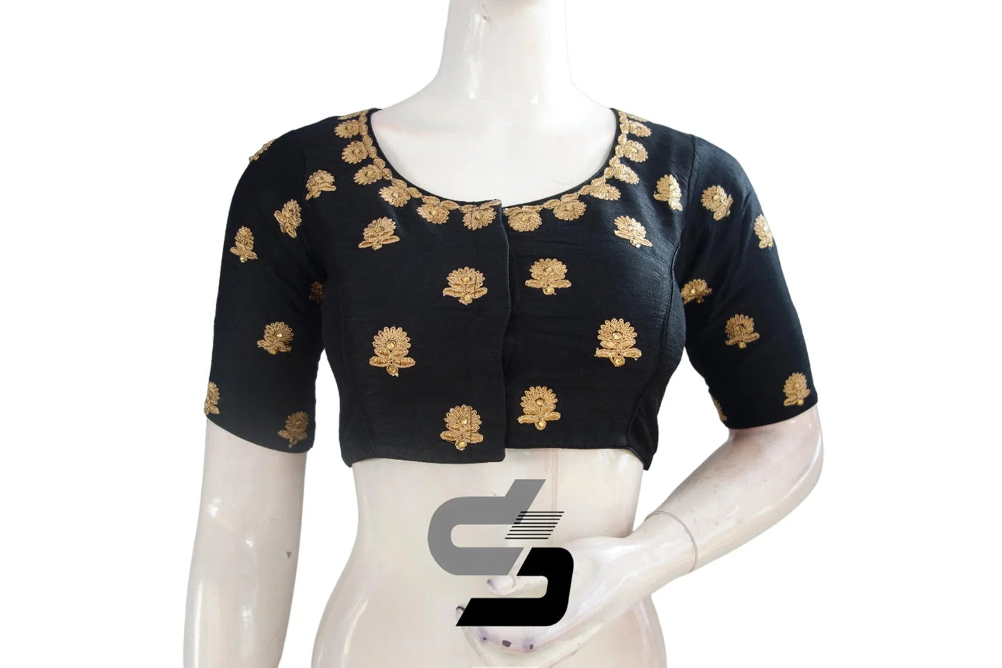 Black Semi Silk High Neck Embroidered Saree Blouse/Crop Top - D3blouses