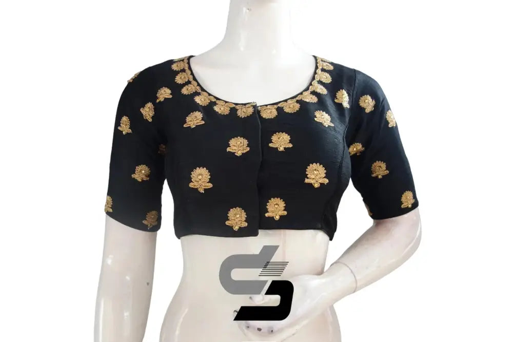 Black Semi Silk High Neck Embroidered Saree Blouse/Crop Top - D3blouses