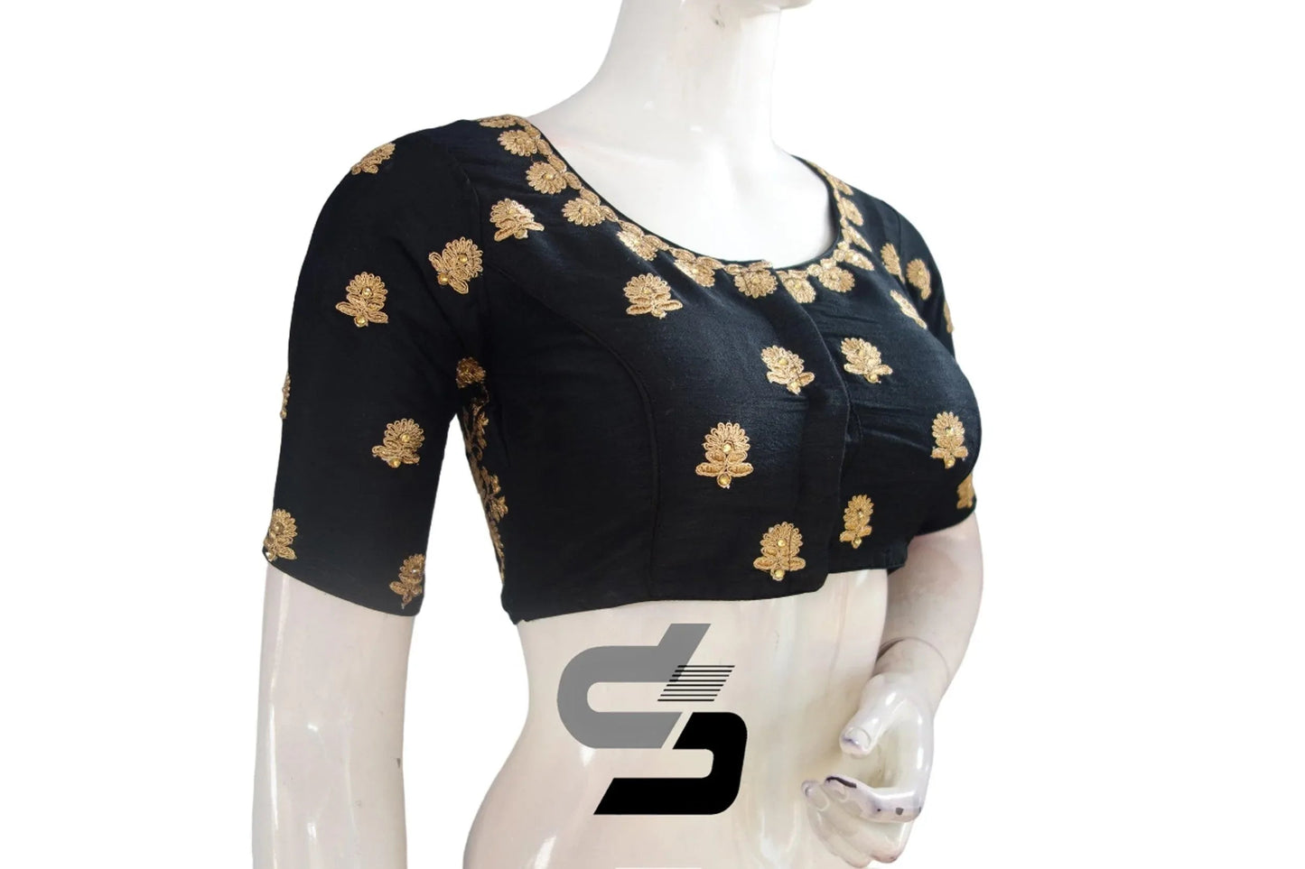 Black Semi Silk High Neck Embroidered Saree Blouse/Crop Top - D3blouses