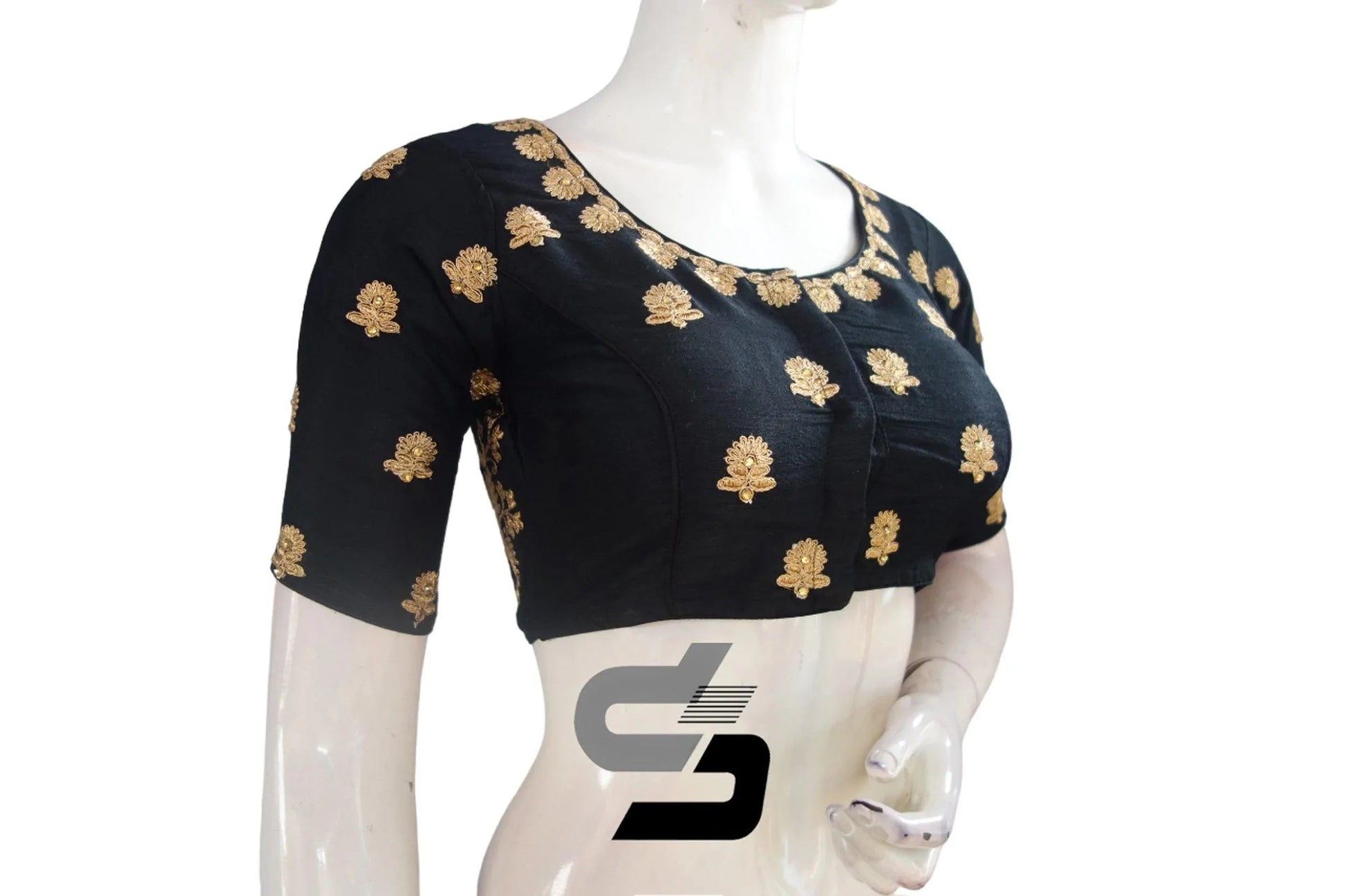 Black Semi Silk High Neck Embroidered Saree Blouse/Crop Top - D3blouses