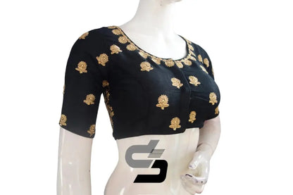 Black Semi Silk High Neck Embroidered Saree Blouse/Crop Top - D3blouses