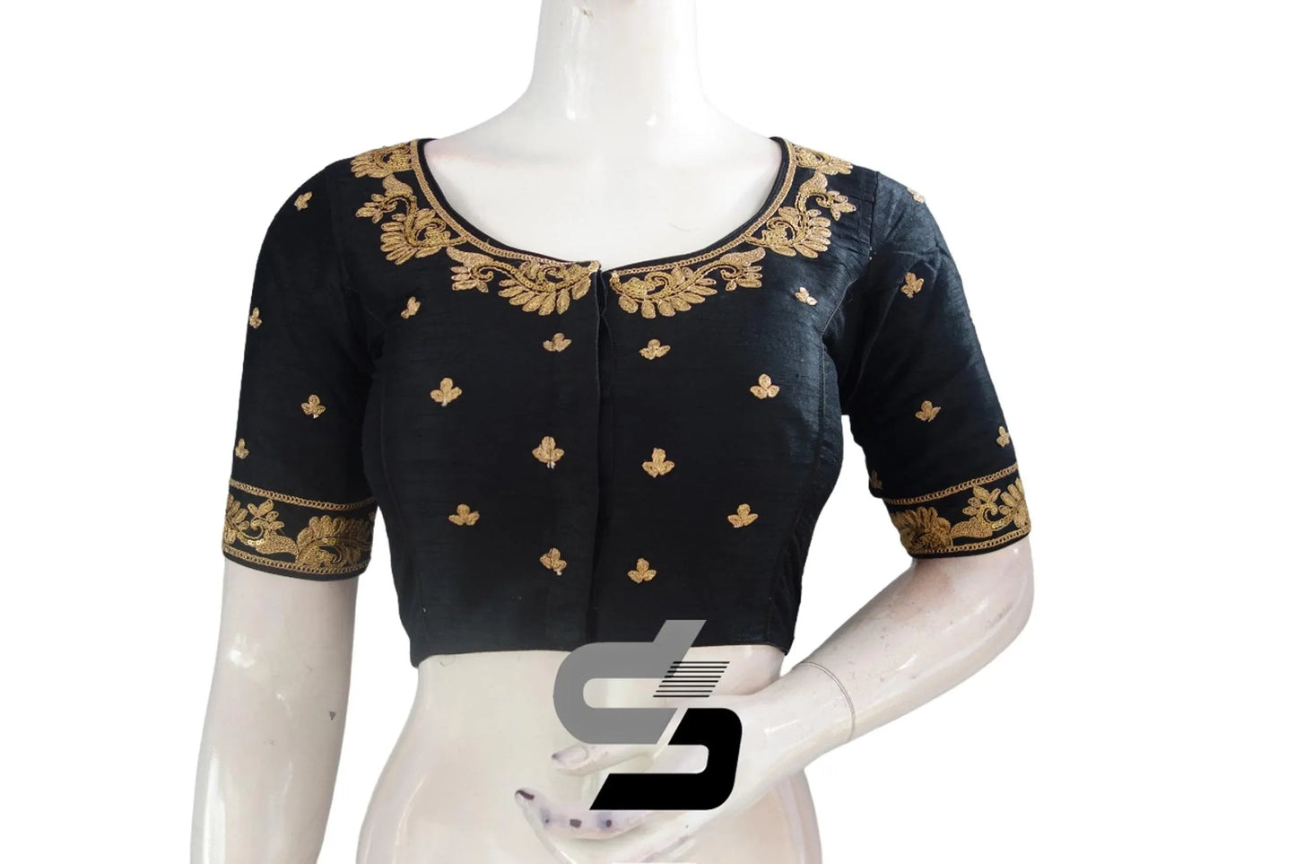 Black Semi Silk High Neck Embroidered Saree Blouses/Crop Tops - D3blouses