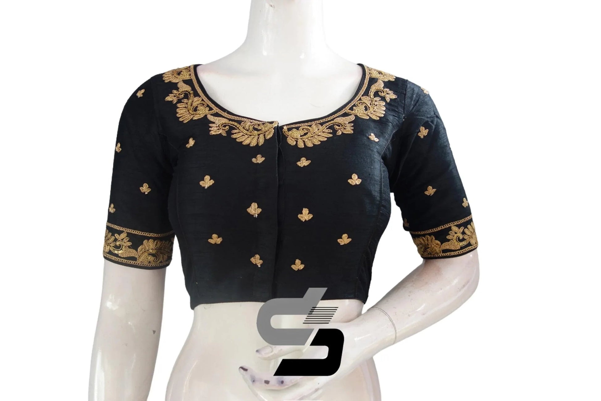 Black Semi Silk High Neck Embroidered Saree Blouses/Crop Tops - D3blouses