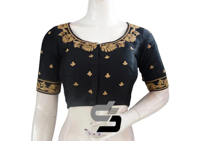 Black Semi Silk High Neck Embroidered Saree Blouses/Crop Tops - D3blouses