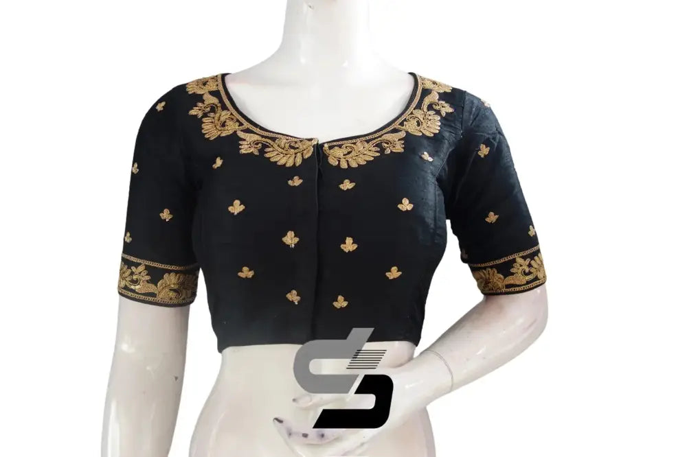 Black Semi Silk High Neck Embroidered Saree Blouses/Crop Tops - D3blouses