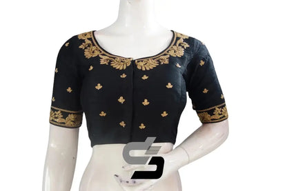 Black Semi Silk High Neck Embroidered Saree Blouses/Crop Tops - D3blouses