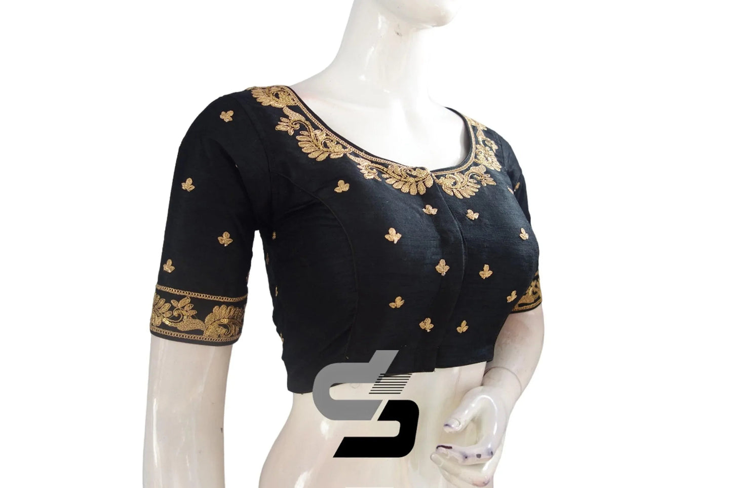 Black Semi Silk High Neck Embroidered Saree Blouses/Crop Tops - D3blouses