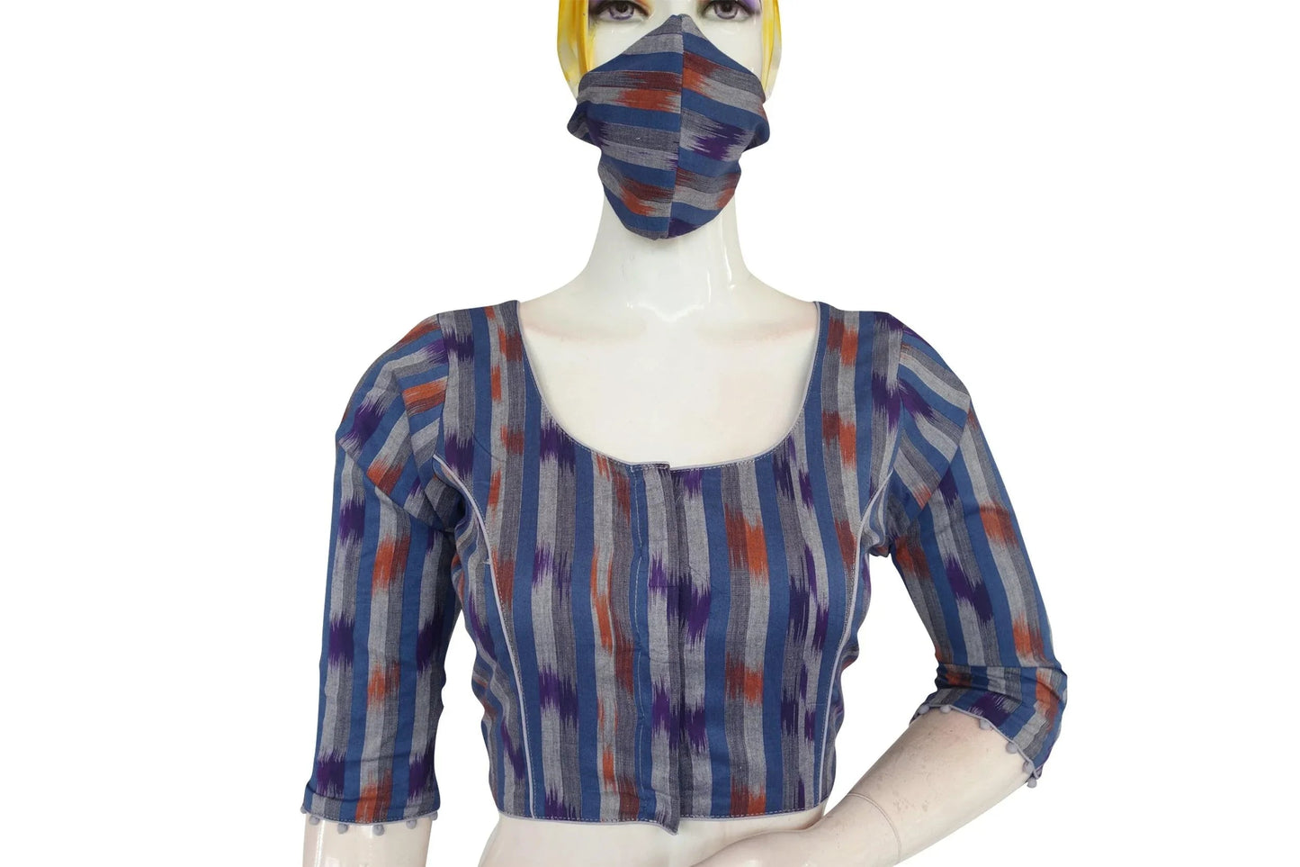 Blue 3/4th Sleeve Ikkat Cotton Readymade Saree Blouse - Stylish Women's Fashion - D3blouses