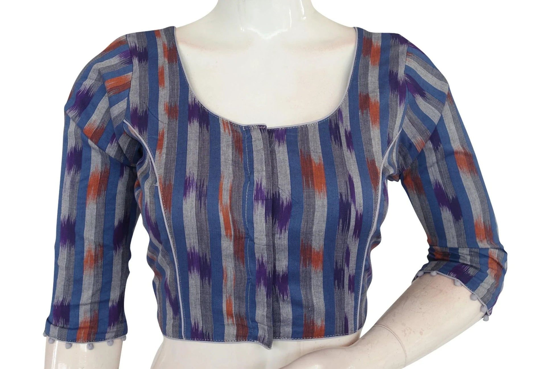 Blue 3/4th Sleeve Ikkat Cotton Readymade Saree Blouse - Stylish Women's Fashion - D3blouses