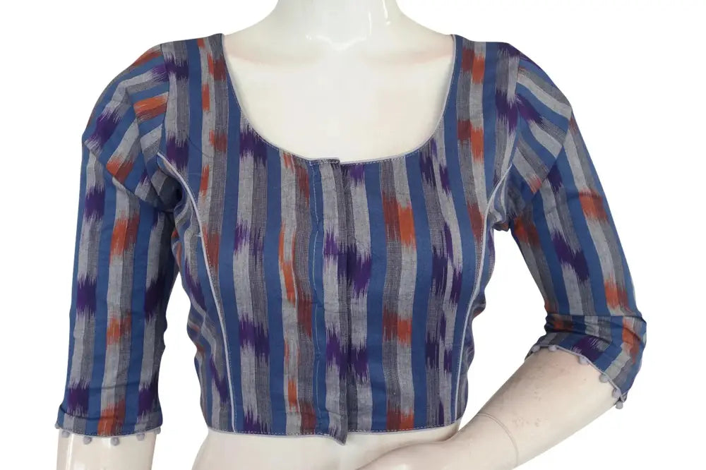 Blue 3/4th Sleeve Ikkat Cotton Readymade Saree Blouse - Stylish Women's Fashion - D3blouses
