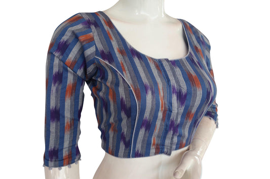 Blue 3/4th Sleeve Ikkat Cotton Readymade Saree Blouse - Stylish Women's Fashion - D3blouses