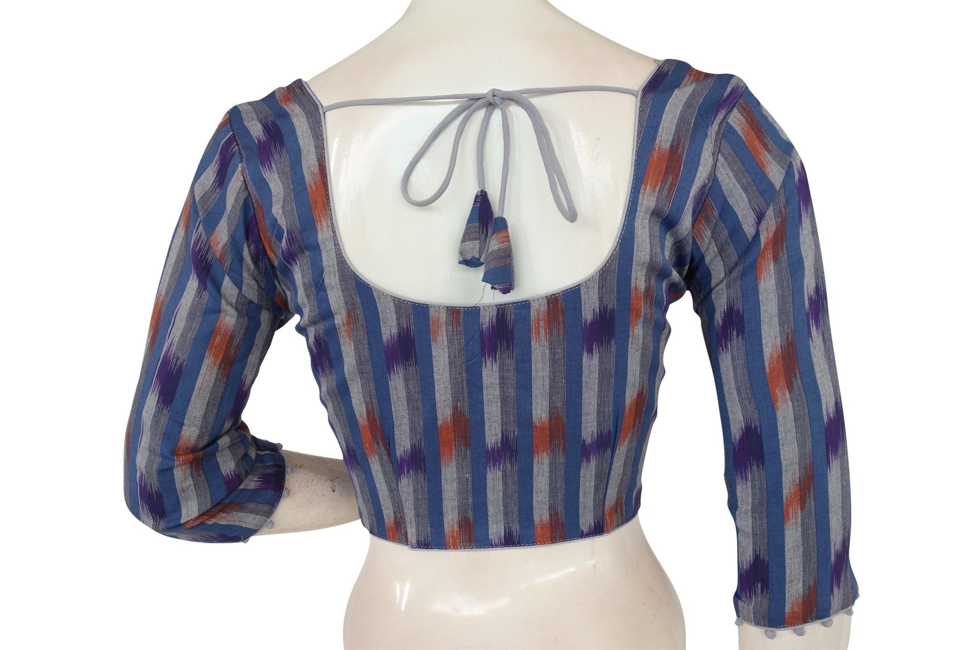 Blue 3/4th Sleeve Ikkat Cotton Readymade Saree Blouse - Stylish Women's Fashion - D3blouses